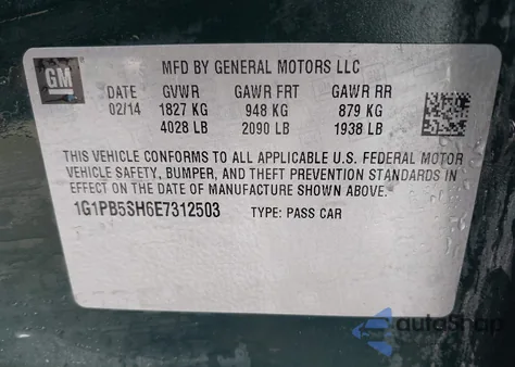 2014 Chevrolet Cruze Ls Manual из США, поврежденный, VIN 1G1PB5SH6E7312503